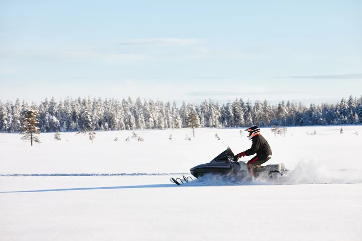 A snowmobile in an open winter landscape with a forest edge behind it.