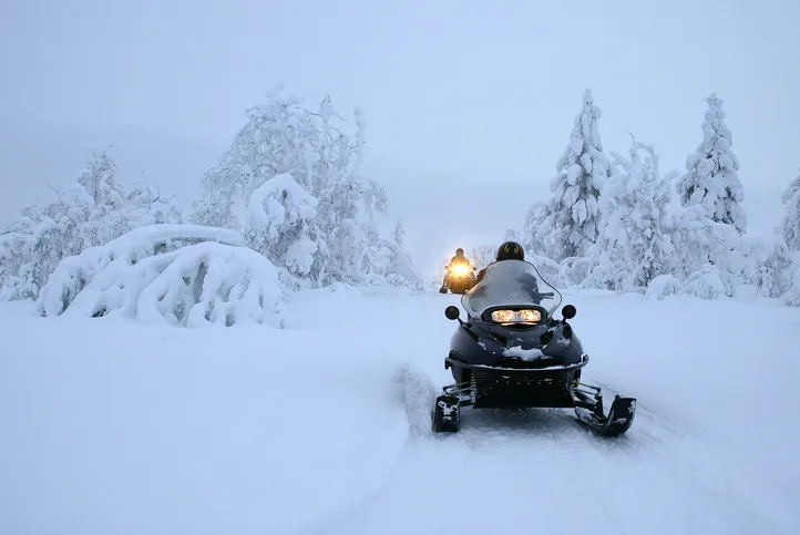 A snowmobile travelling through a snow-covered winter forest.