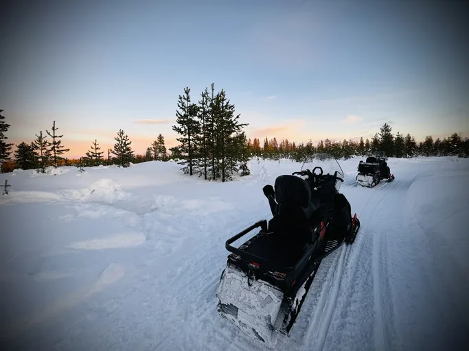 Two snowmobiles on a forest trail at dusk.